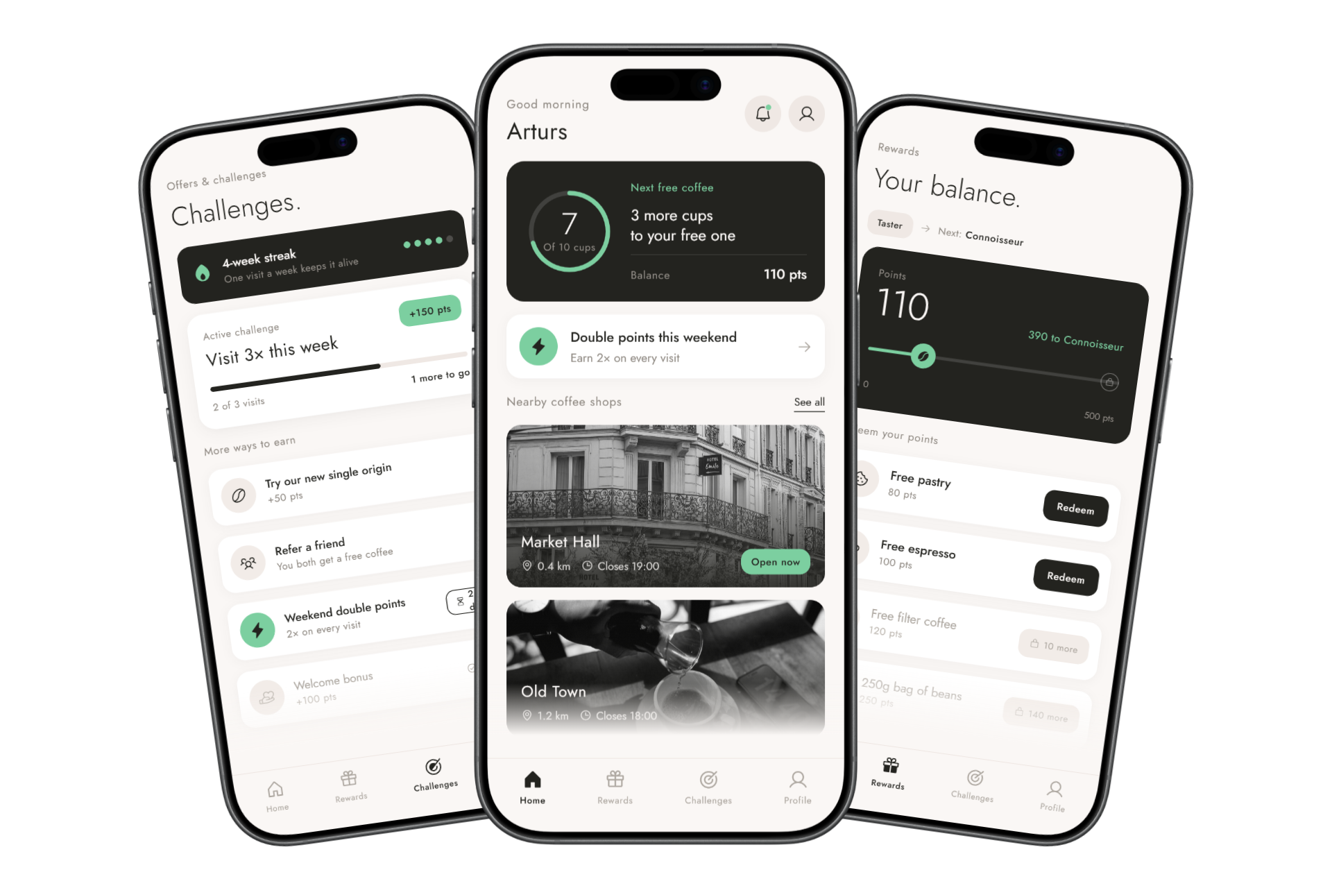 Coffee shop loyalty app: challenges, home and rewards screens