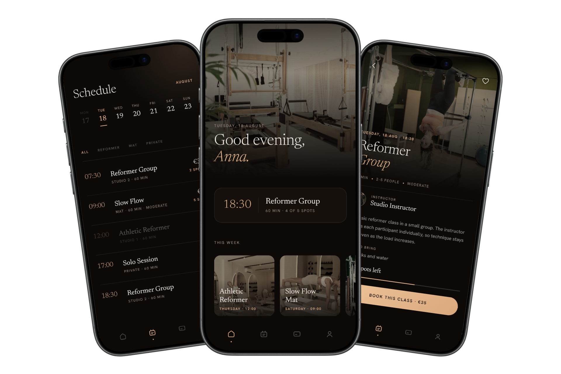 Mobile app interface: schedule, class detail and booking screens